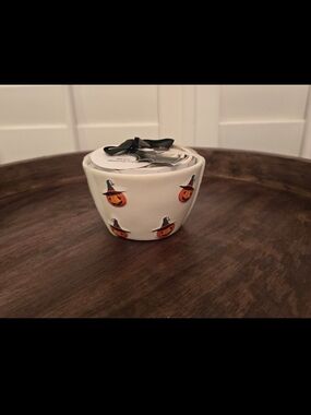 Rae Dunn White Ceramic Halloween Pumpkin Jar with Black Lid Bow